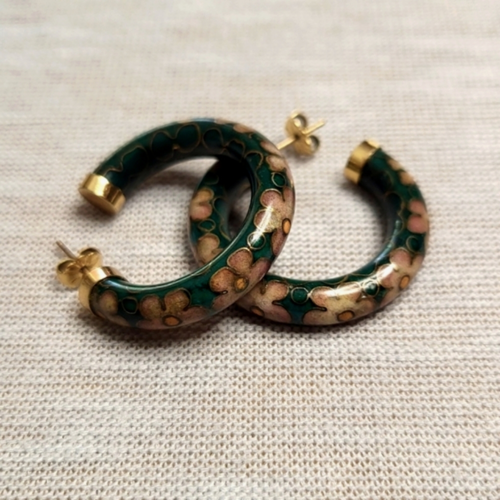 Vintage Cloisonné Enamel Hoop Post Earrings